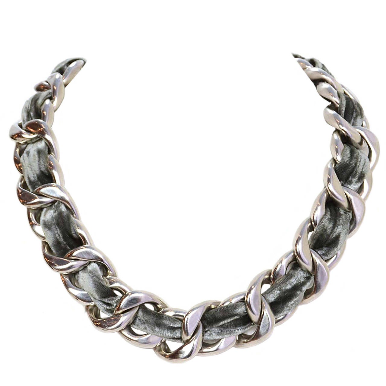 CHANEL Grey Velvet Woven Silver Oversized Chain Link Necklace For Sale