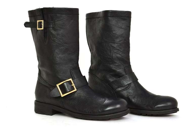 JIMMY CHOO Short Black Leather Biker Boots W/Rabbit Fur Lining Rt. $1, 150