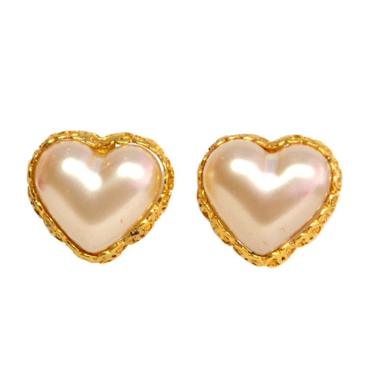 CHANEL Clip On Faux Pearl Heart Earrings With CC Border