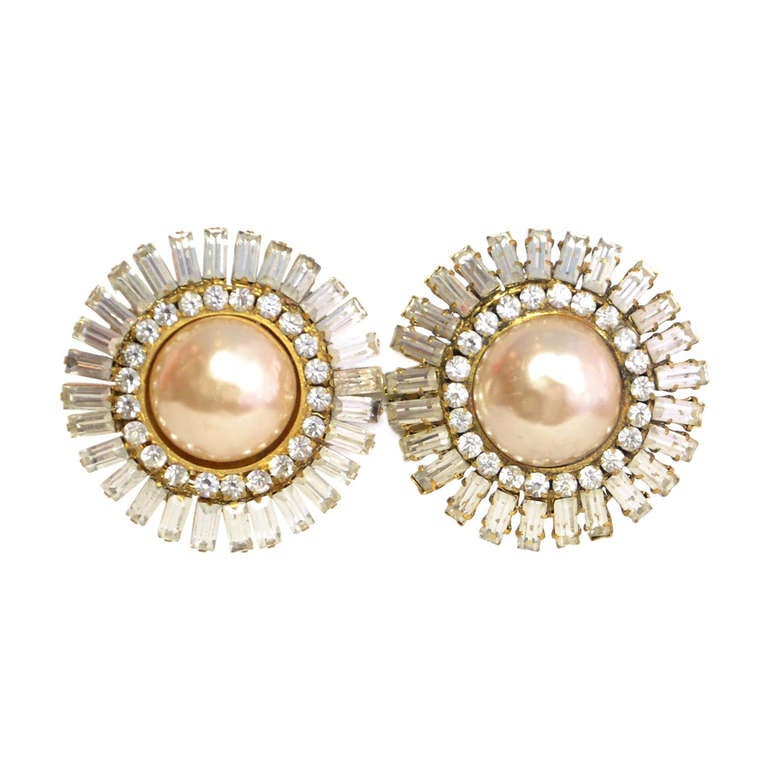 CHANEL Clip On Earrings W/Crystal Baquettes, Rhinestones & Faux Champagne Pearl