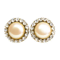 CHANEL Clip On Faux Pearl And Rhinestone Earrings