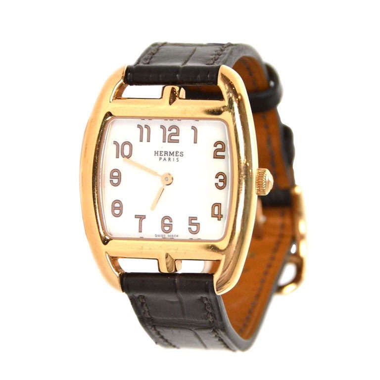 Cape Cod Roca Bar Watch Hermes 18K Gold Cape Cod Watch w/ Chocolate Brown Alligator Band rt ...