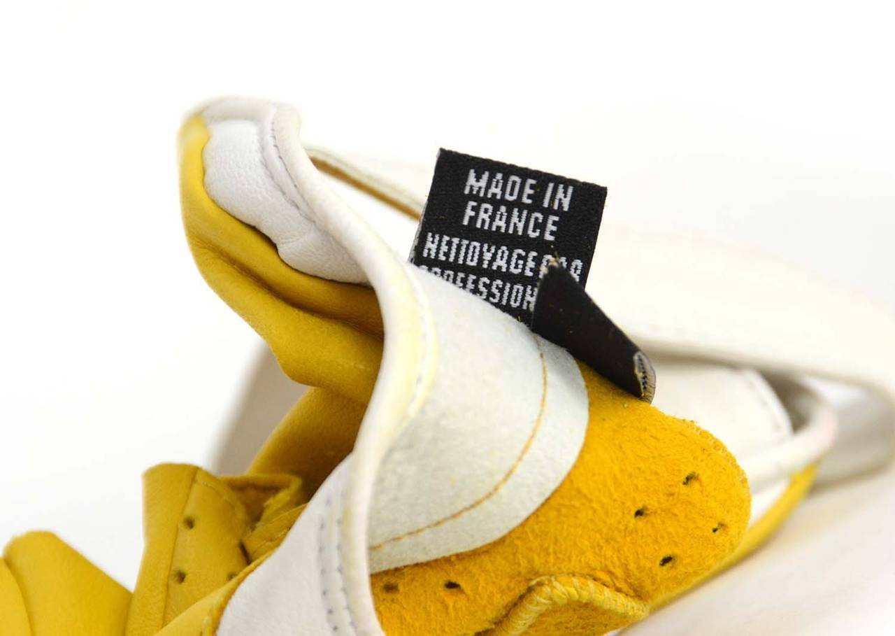 CHANEL Yellow and White Leather Fingerless Driving Gloves at 1stDibs