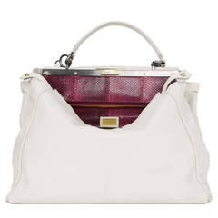 Fendi White Leather Large Peekaboo Bag w Pink Python Lining rt. $5, 620