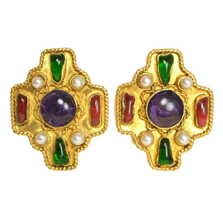 Chanel '86 Multi-Colored Gripoix & Pearl Clip Earrings