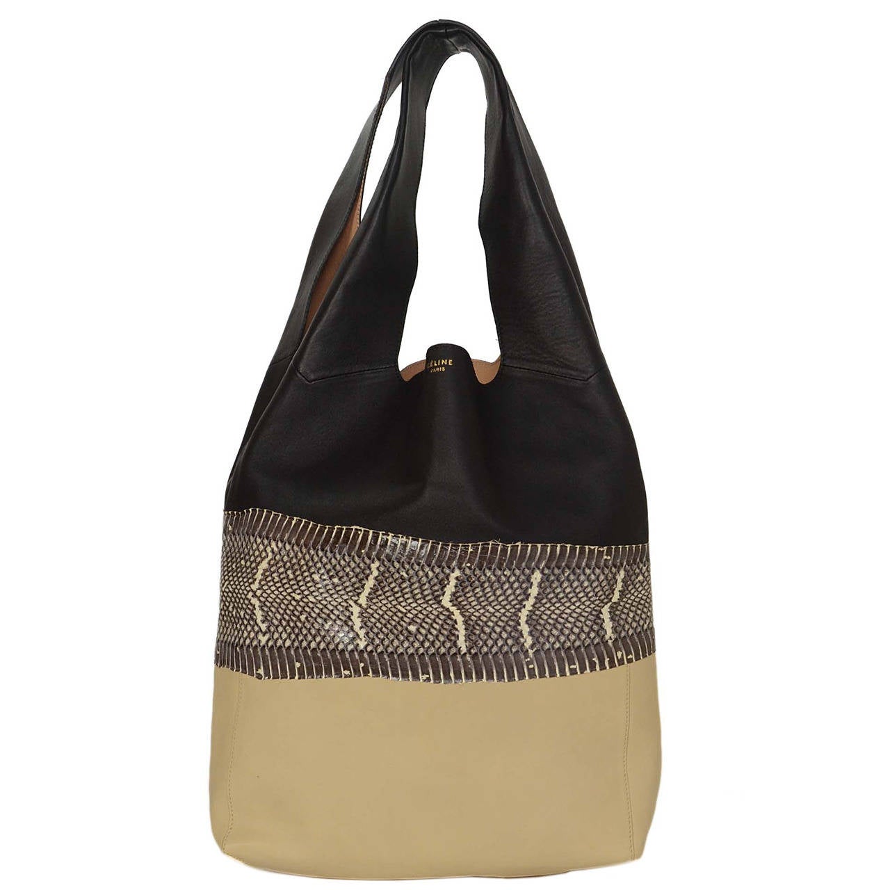 CELINE Black, Snakeskin, & Beige Tricolor Soft Cabas Hobo Bag