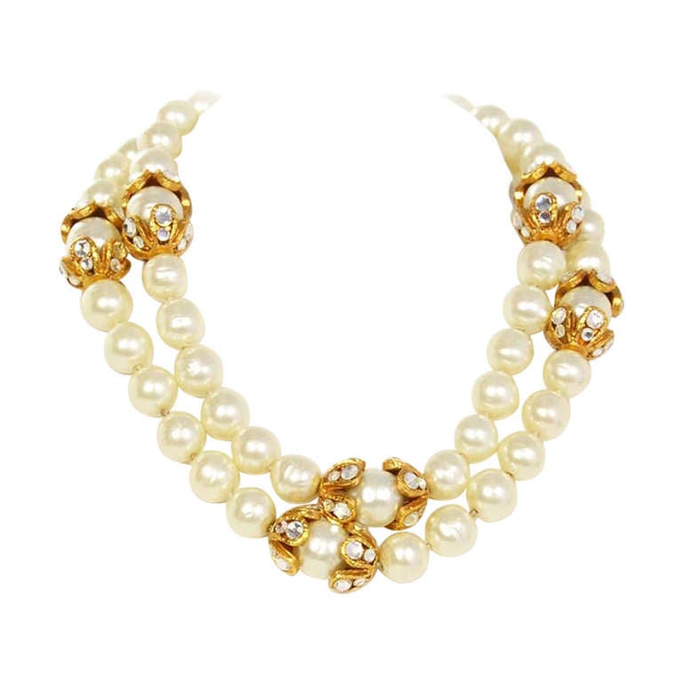 Chanel '96 Faux Pearl Long Strand Necklace w. Crystal Detail For Sale