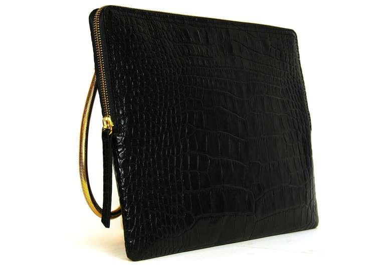 Lanvin XL Black Embossed Crocodile Zipper Clutch Wristlet Bag - Rt. $990