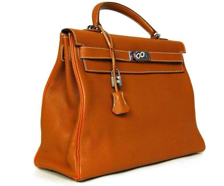 Hermes Rare Tan Togo Leather 40cm Kelly Bag W. Orange Trim & 2 Straps