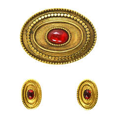 CHANEL Goldtone Oval Pin And Earrings W/Red Gripoix Center Stone