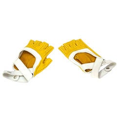 CHANEL Yellow & White Leather Fingerless Driving Gloves