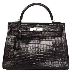 HERMES Black Nilo Crocodile 32cm Kelly Bag PHW