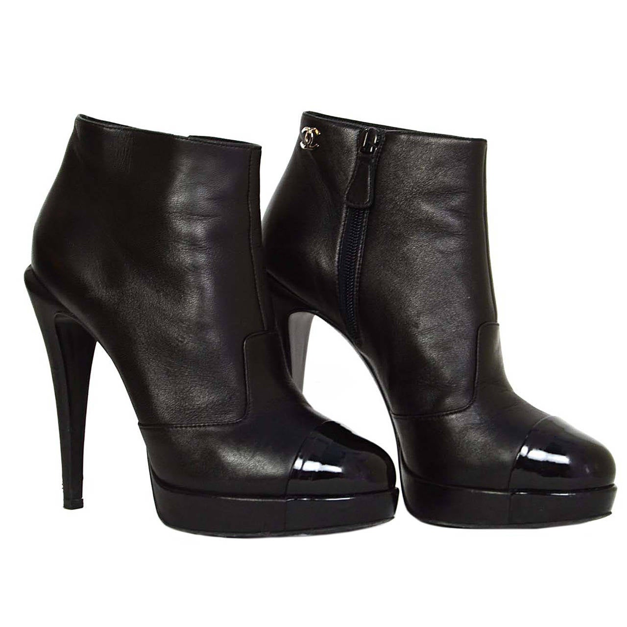 CHANEL Black Leather Platform Ankle Boots sz 39