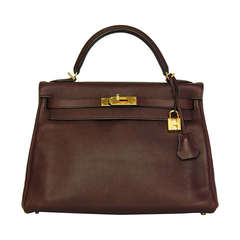 Hermes 2010 Prune Swift Leather 32cm  Kelly Bag w. Strap & Gold Hardware