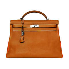 Hermes Rare Tan Togo Leather 40cm Kelly Bag W. Orange Trim & 2 Straps