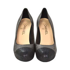 CHANEL Black/Pewter Glitter Pump Shoes-Sz 8.5