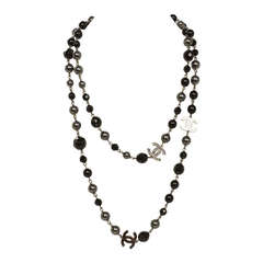 Chanel 2011 44" Long Black & Pewter Beaded Faux Pearl Chain Necklace