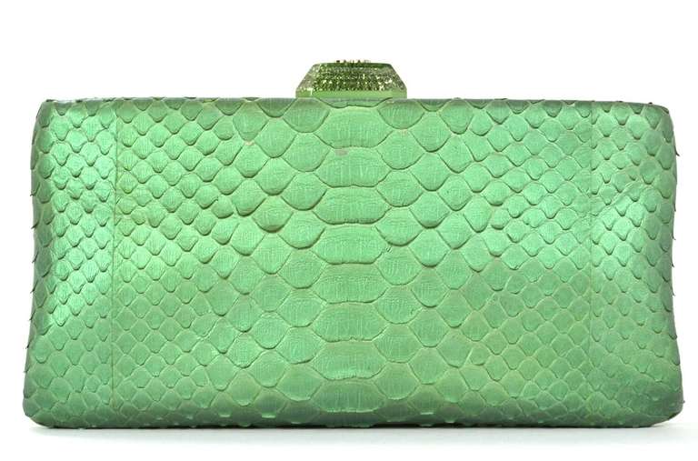CHANEL Green Python Clutch W/Rhinestone Clasp Rt. $3, 200 In Excellent Condition In New York, NY