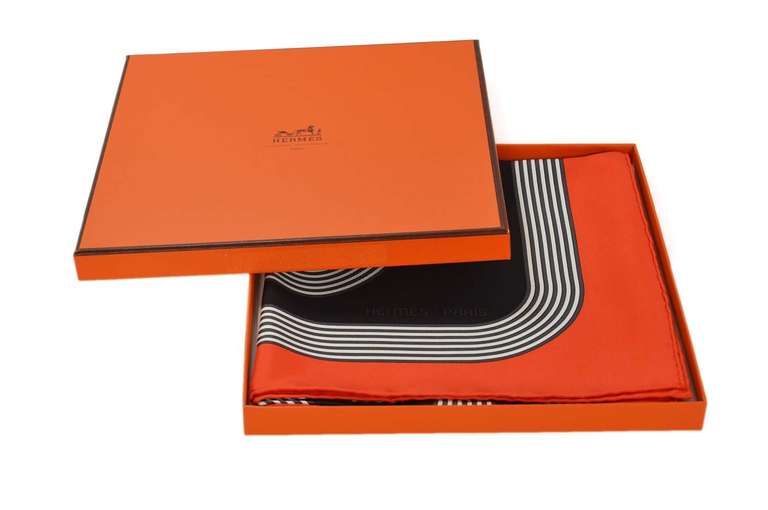 Women's Hermes Orange, Black & White Silk Chain d'Ancre Print Scarf w. Box