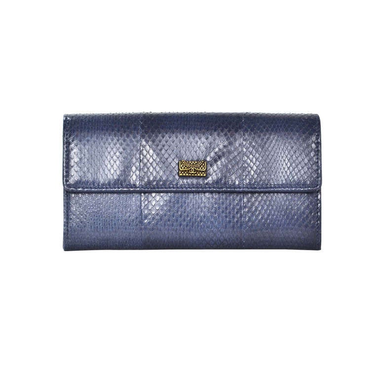 CHANEL Blue Snakeskin Wallet With Classic Bag Charm