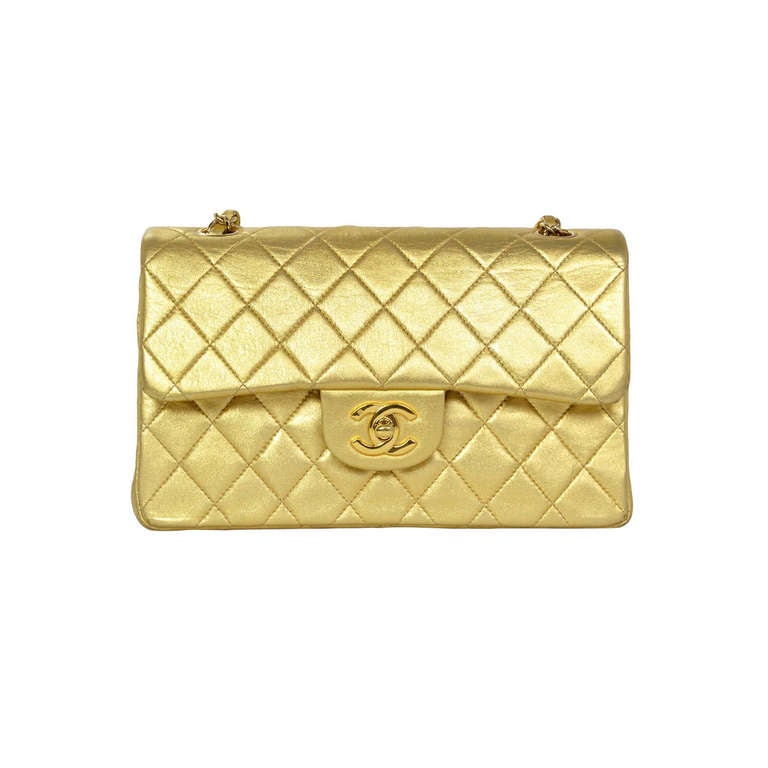 Chanel Metallic Gold 9" Small Classic Double Flap Bag w. Chain Strap