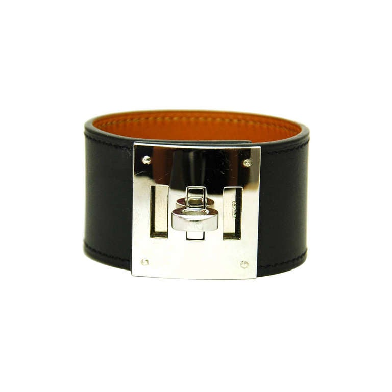 Hermes Black Box Leather CDC Kelly Dog Bracelet Cuff PHW