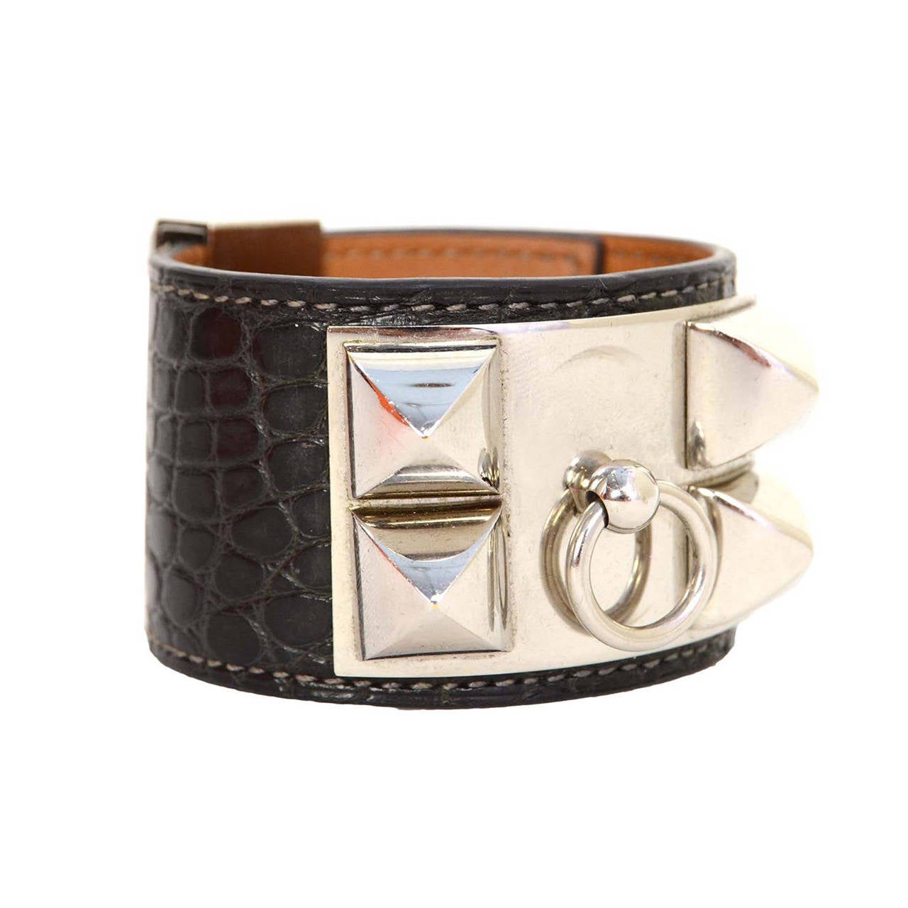 HERMES Graphite Crocodile Collier De Chien CDC Cuff Bracelet sz S PHW