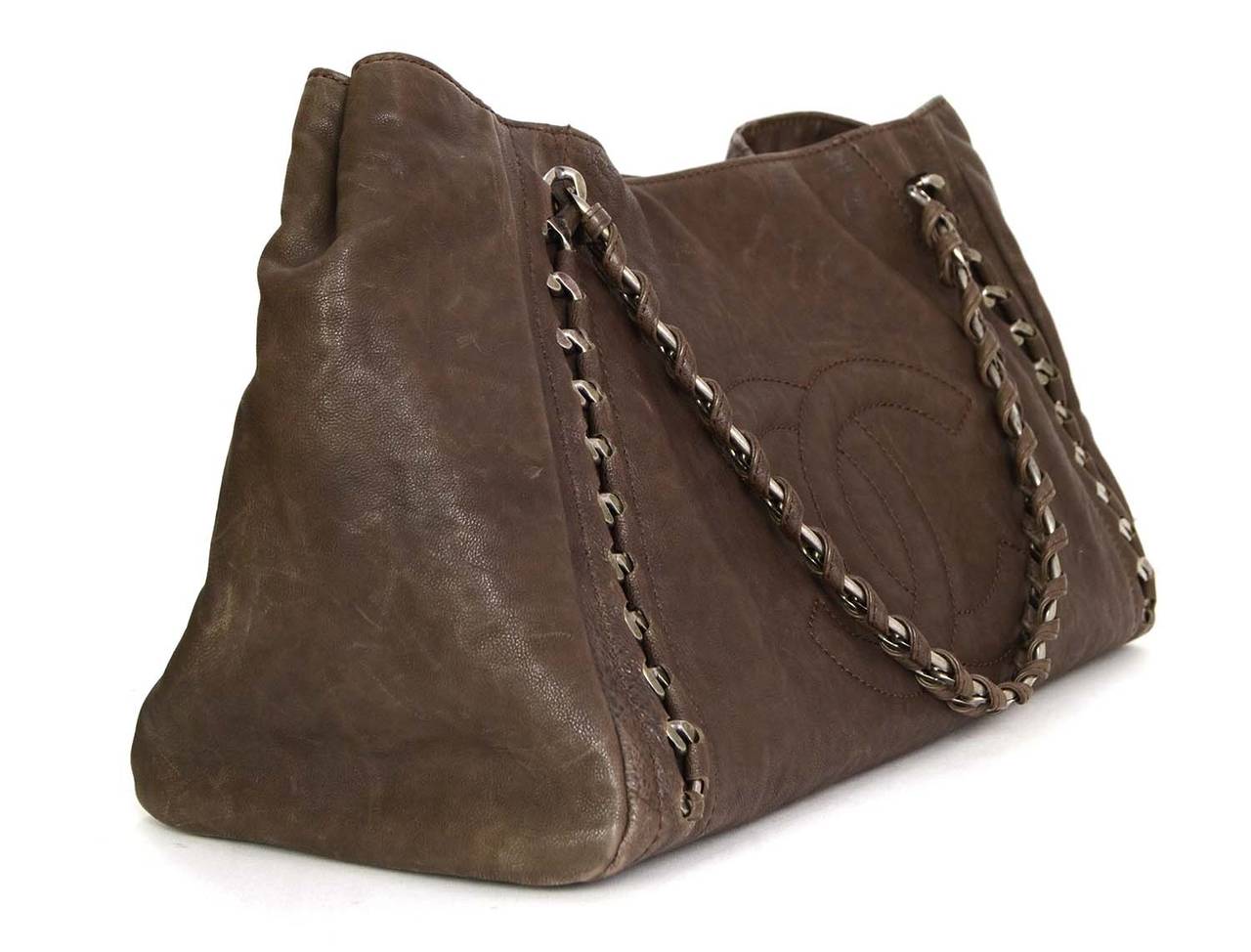 Chanel Brown Distressed Leather Tote Bag Shw At 1stdibs Chanel Brown Distressed Leather Tote Features Silvertone Chain Throughout Exterior As Well Large Embossed Cc