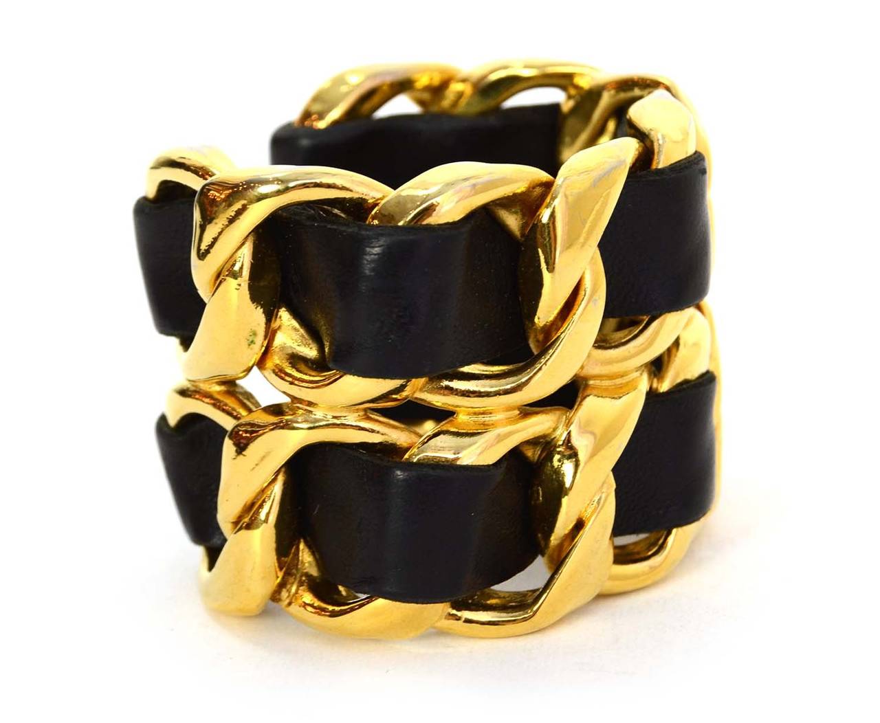 CHANEL Vintage '86 Black Leather Woven Gold Chain Link Cuff Bracelet In Excellent Condition In New York, NY