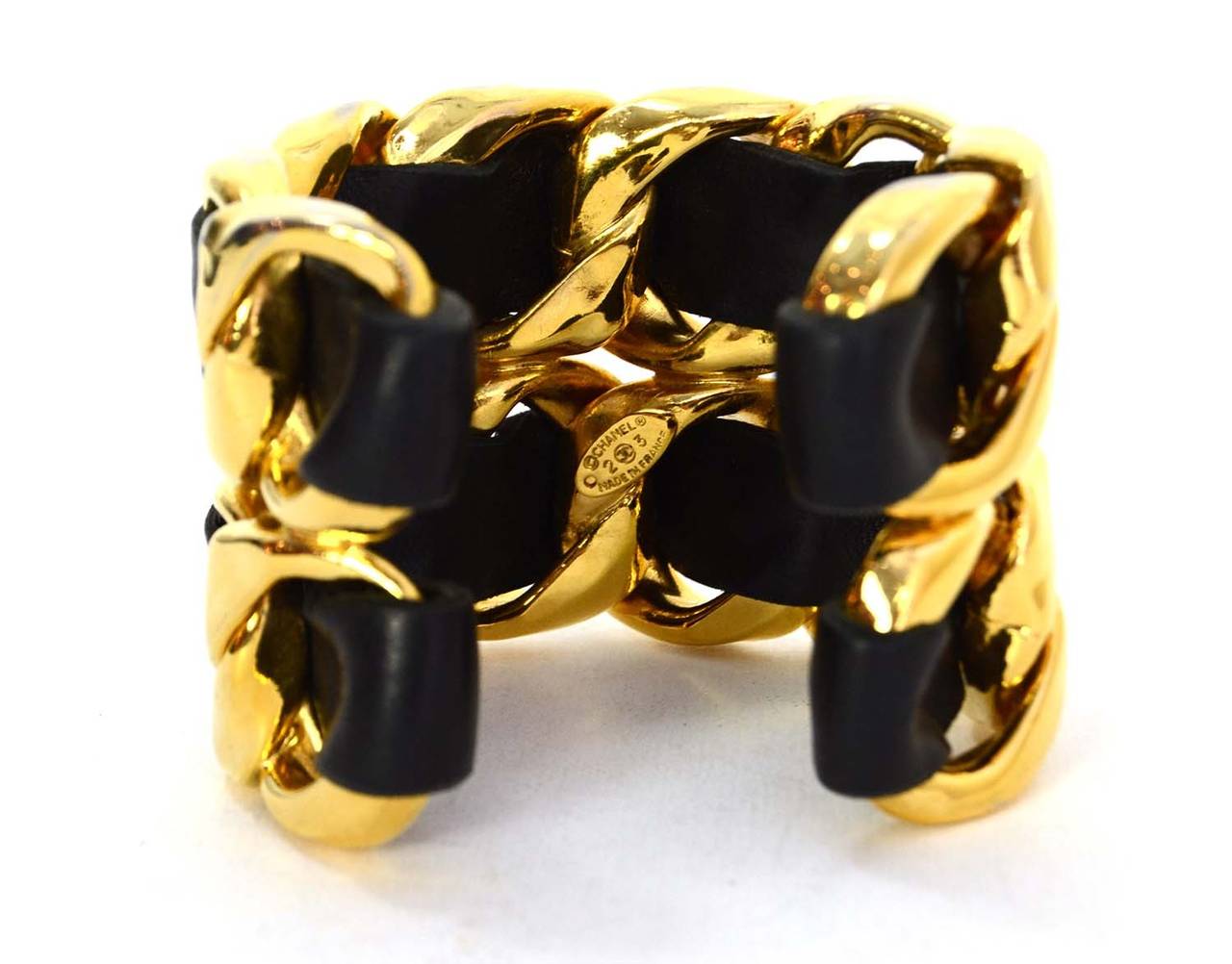 Women's CHANEL Vintage '86 Black Leather Woven Gold Chain Link Cuff Bracelet