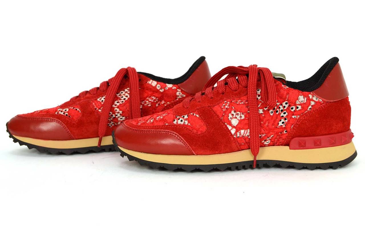 VALENTINO Red Suede & Lace Sneakers sz 36.5 In Excellent Condition In New York, NY