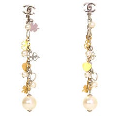 CHANEL Gold/Silver & Pearl Charm Dangle Earrings w/Large Pearl & CC