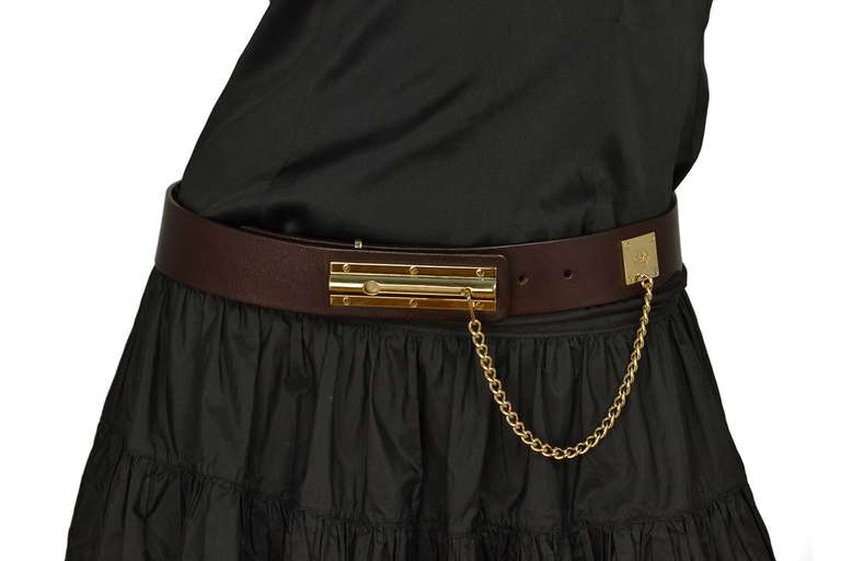 CHANEL Brown Leather Belt W/Goldtone Sliding Chain Lock In Excellent Condition In New York, NY