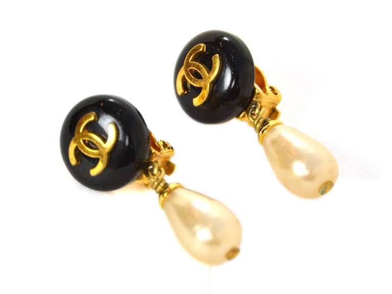Chanel 1993 Black & White CC Faux Pearl Tear Drop Clip Earrings
