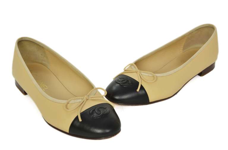 CHANEL 2014 Biege/Black Leather Ballet Flats Sz 8.5 at 1stdibs