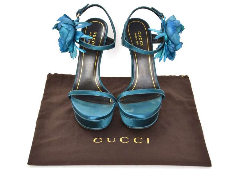 GUCCI Teal Satin Platform Sandal With Flower Sz 7.5 3