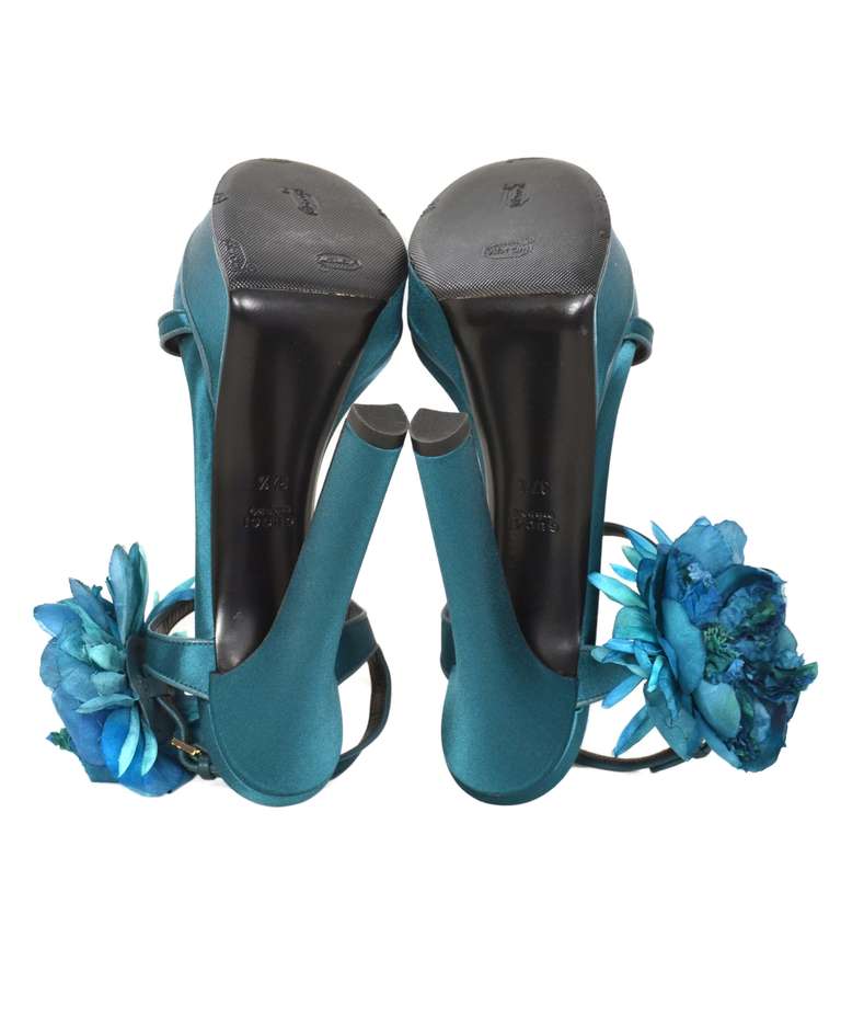 GUCCI Teal Satin Platform Sandal With Flower Sz 7.5 1