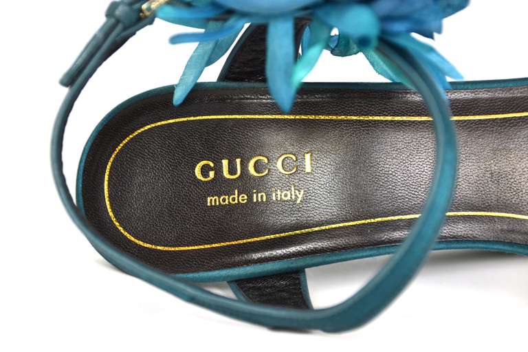 GUCCI Teal Satin Platform Sandal With Flower Sz 7.5 2