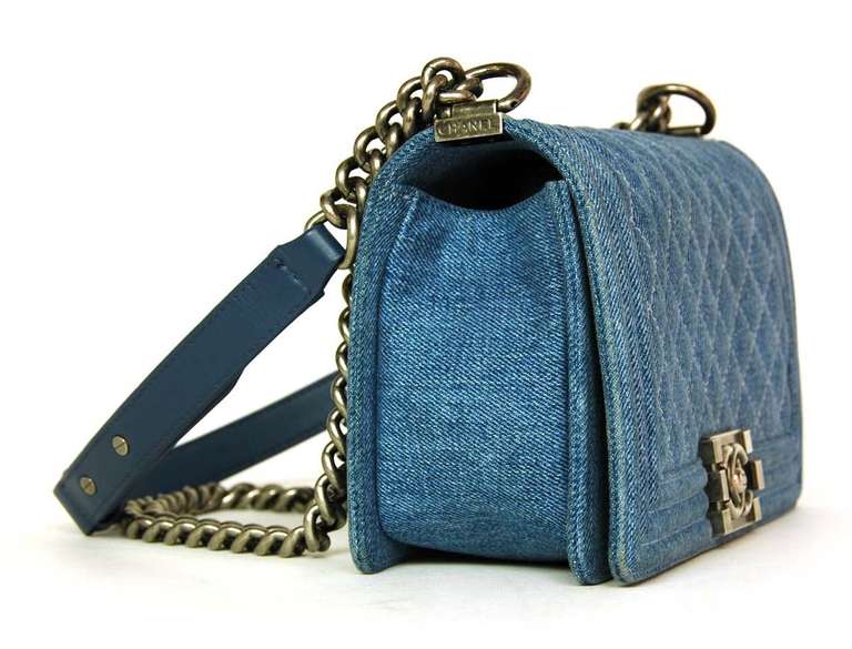 Chanel 2017 Quilted Denim Medium Boy Classic Flap Cross Body Bag At Chanel Blue Denim Boy Bag W Silver Hardware 2017 Made In France Materials