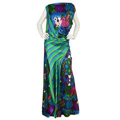 ROBERTO CAVALLI Multicolor Sleeveless Print Draped Long Dress-Sz 6