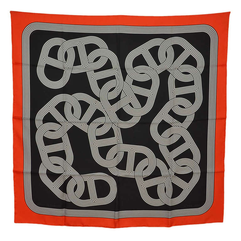 Hermes Orange, Black & White Silk Chain d'Ancre Print Scarf w. Box