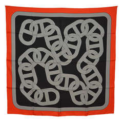Hermes Orange, Black & White Silk Chain d'Ancre Print Scarf w. Box