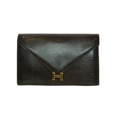 Vintage Hermes Brown Lizard H Envelope Clutch Shoulder Bag