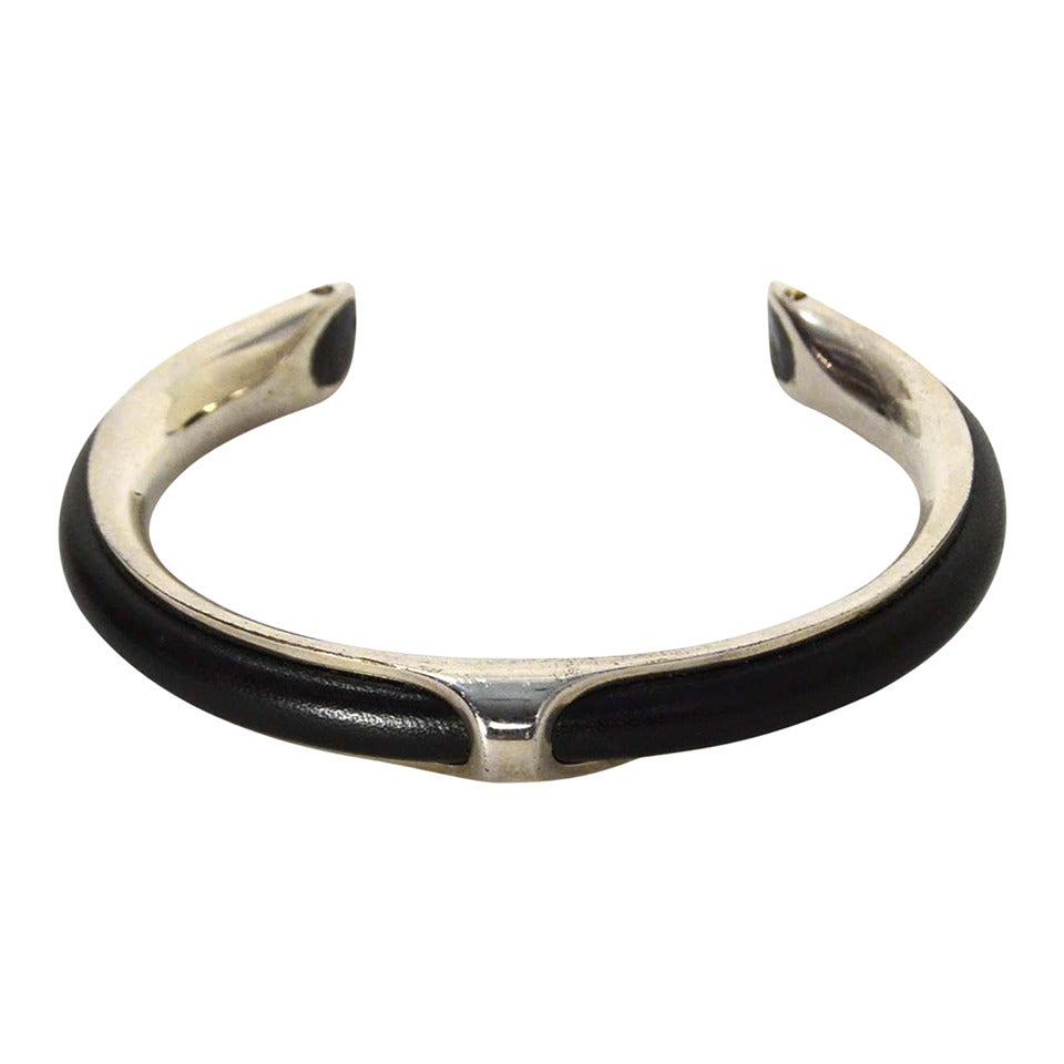 HERMES Black Leather & Silver Kyoto Cuff Bracelet