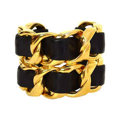 CHANEL Vintage '86 Black Leather Woven Gold Chain Link Cuff Bracelet 12