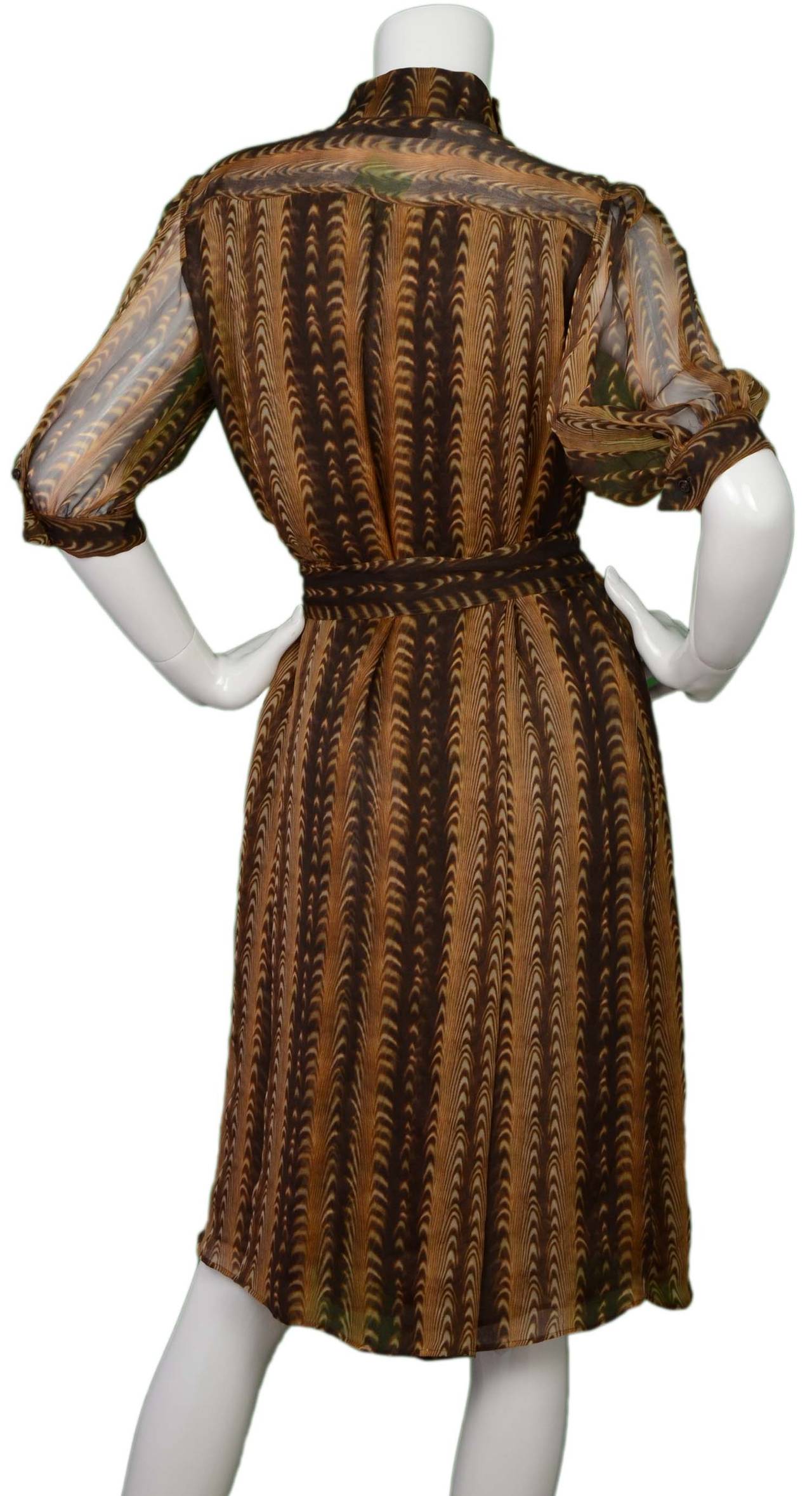 YVES SAINT LAURENT YSL Brown Sheer Button Down Shirt-Dress sz 8 In Excellent Condition In New York, NY