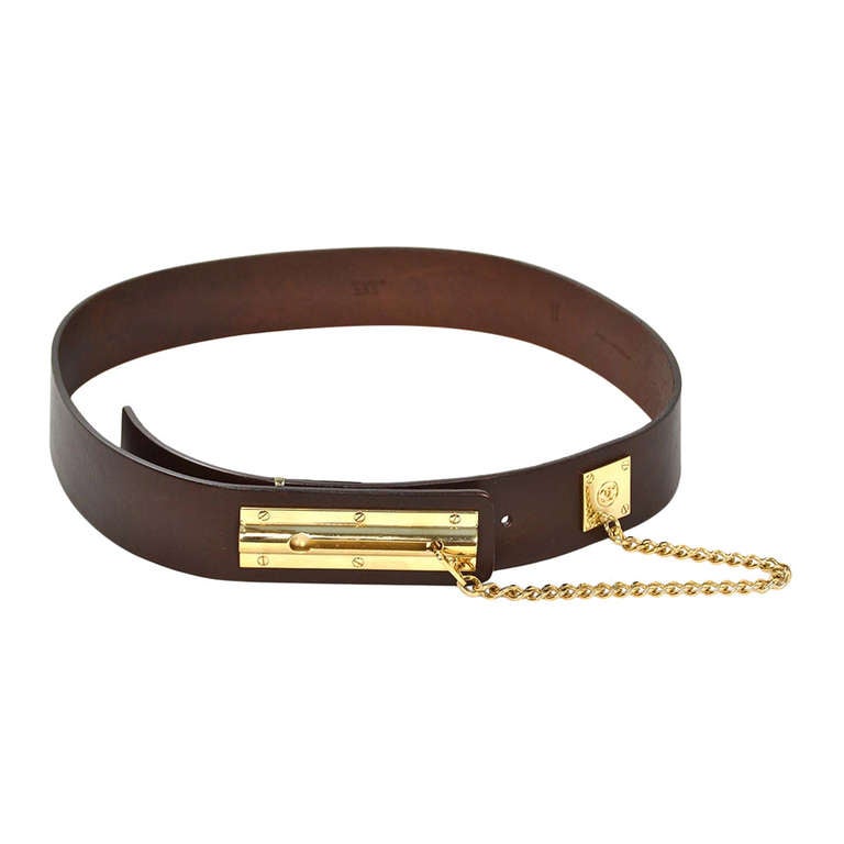 CHANEL Brown Leather Belt W/Goldtone Sliding Chain Lock