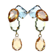 LANVIN Blue/Green/Amber Crystal Clip On Dangling Earrings