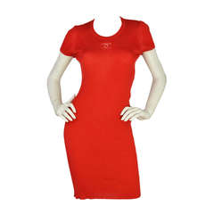 CHANEL Red/Orange Ribbed Knit Stretch Dress With CC Logo Sz 6