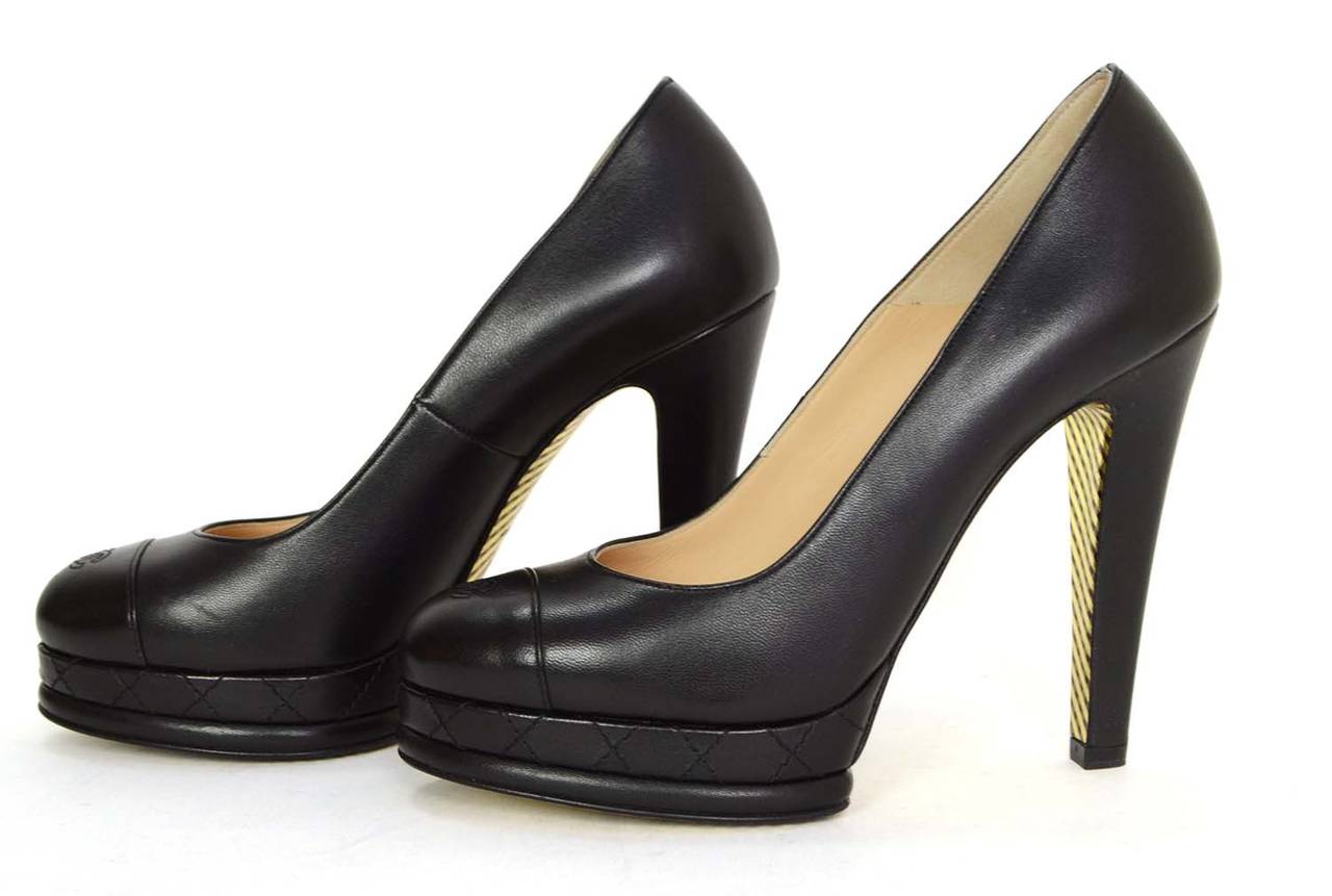 CHANEL Black Leather Round Toe Pumps sz 37 at 1stDibs | chanel platform ...